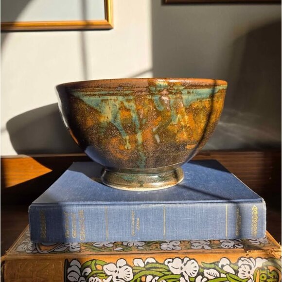 Rustic Handmade Pottery Pedestal Bowl with Warm Brown & Blue Glaze - Picture 1 of 9